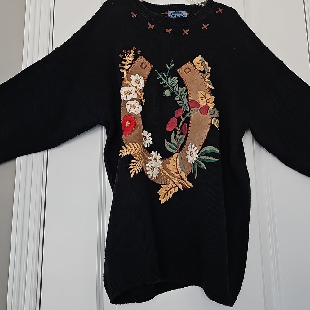 Black Floral Embroidered Sweater with Suede Elbow Patches